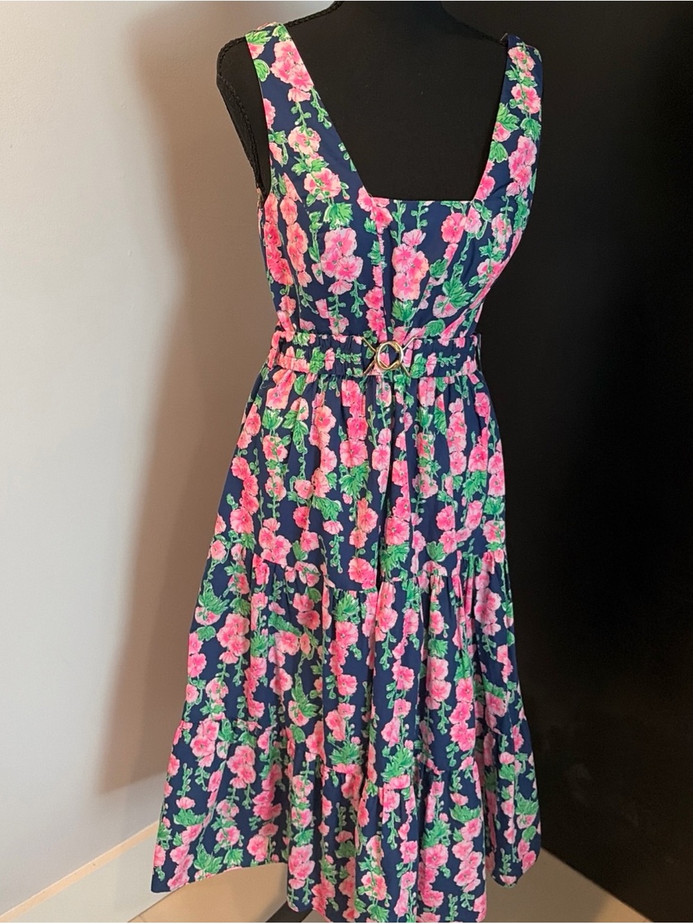 Lilly Pulitzer Sz 4 McKinnon Dress Navy Pink Floral Midi Dress Belted